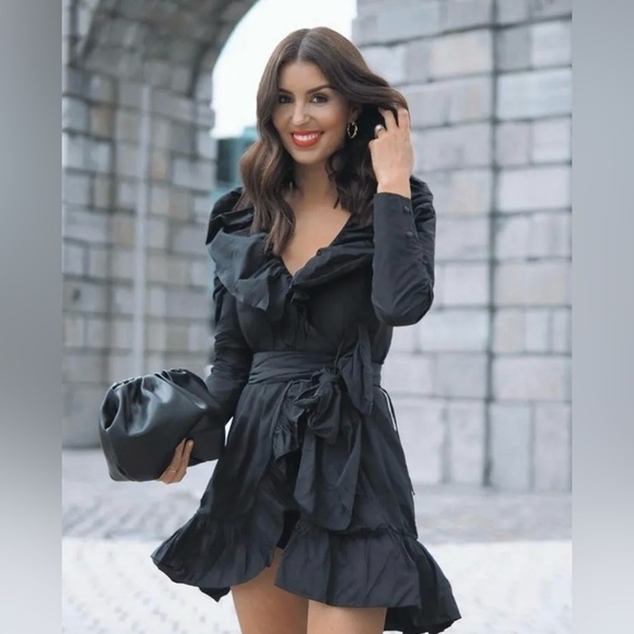 SANDRA MANSOUR X H&M Black Mini Ruffled Wrap Taffeta Dress Long Sleeve Small - Picture 1 of 10